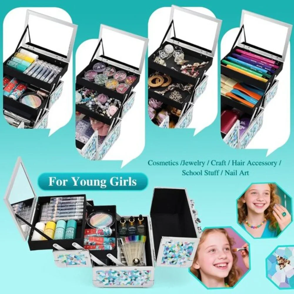 New Portable Kids Makeup Train Case with Mirror & Lock, Hard Organizer Box